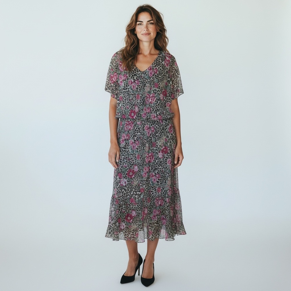 J.B.S. 16 W Floral Leopard Print dress Short sleeves, 51 inches long midi